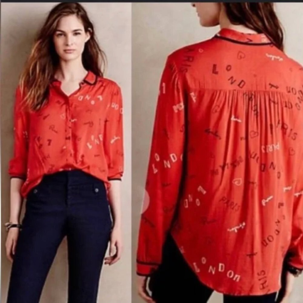Maeve Anthropologie Paris London Milan Red Button Up Blouse Size 0 Travel Print